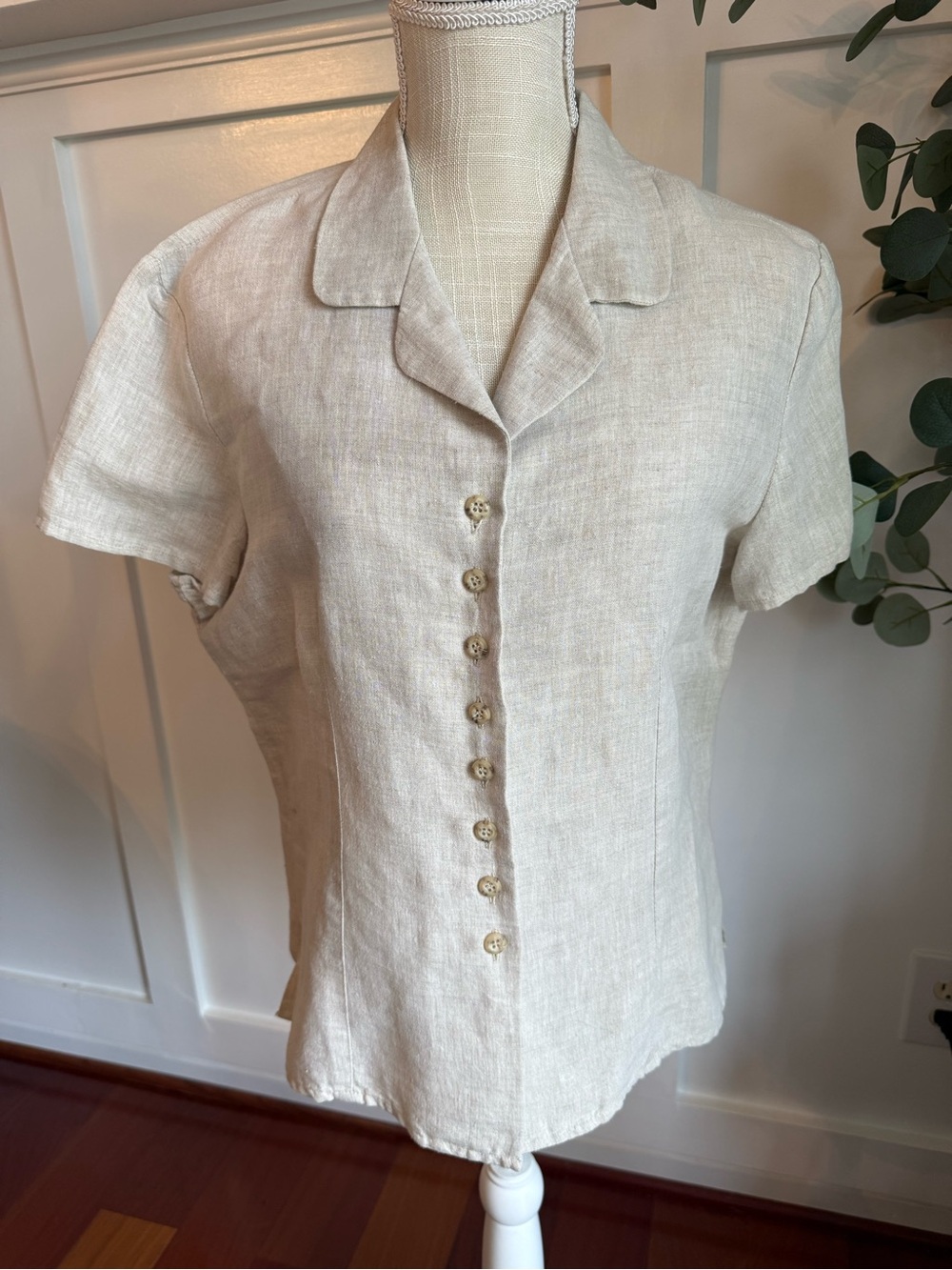 Giorgio Sant Angelo Cream Linen Short-Sleeve Button Front Top Women's Large